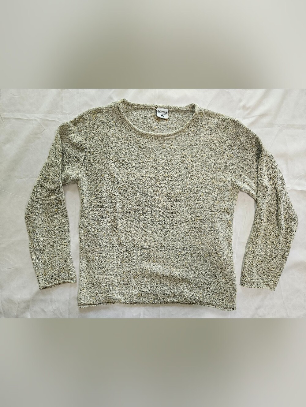 Columbia Womens L Gray Yellow Speckled Textured Rolled Hem Pullover Sweater